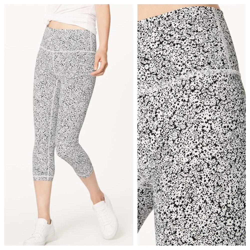 LULULEMON Wunder Under Crop High Rise Legging Ditsy Daisy White Black 4